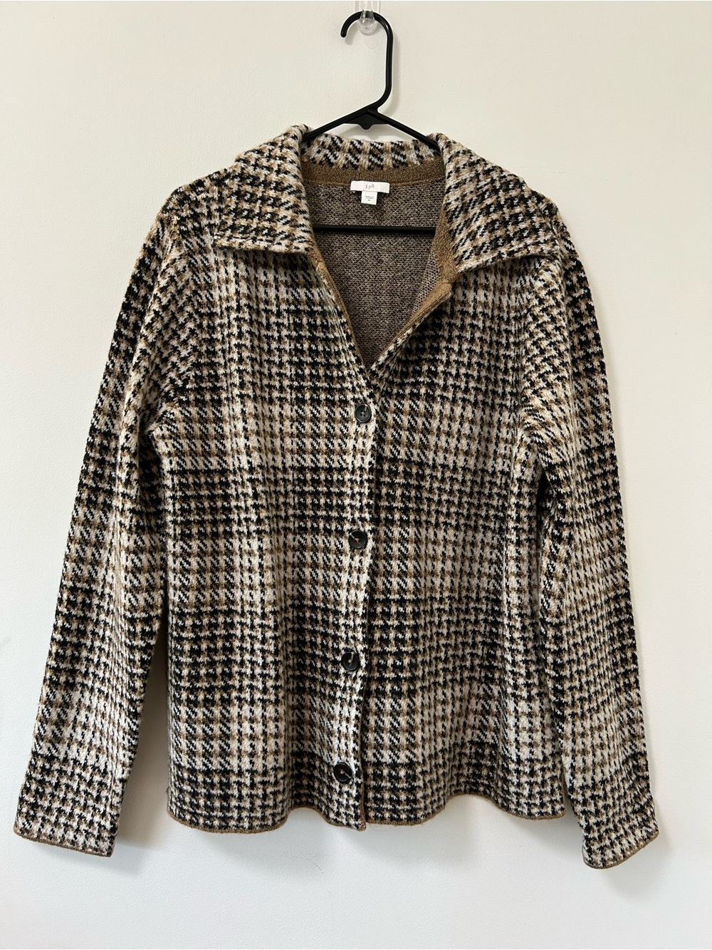 J. Jill Houndstooth Button-Up Jacket -‎ Brown/Black/Cream medium sweater collar